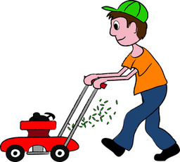 Clip art illustration of a boy mowing the lawn.